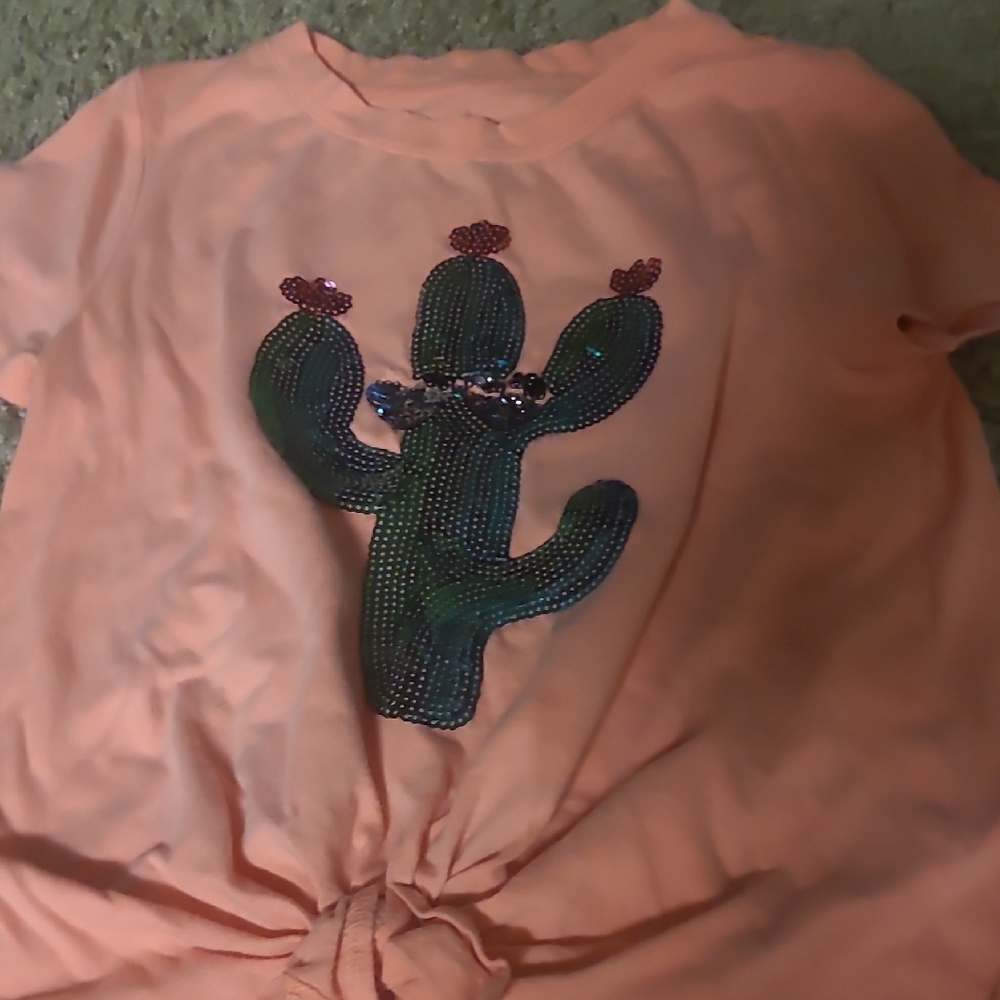 One 5 One Coral Tee with Sequin Cactus